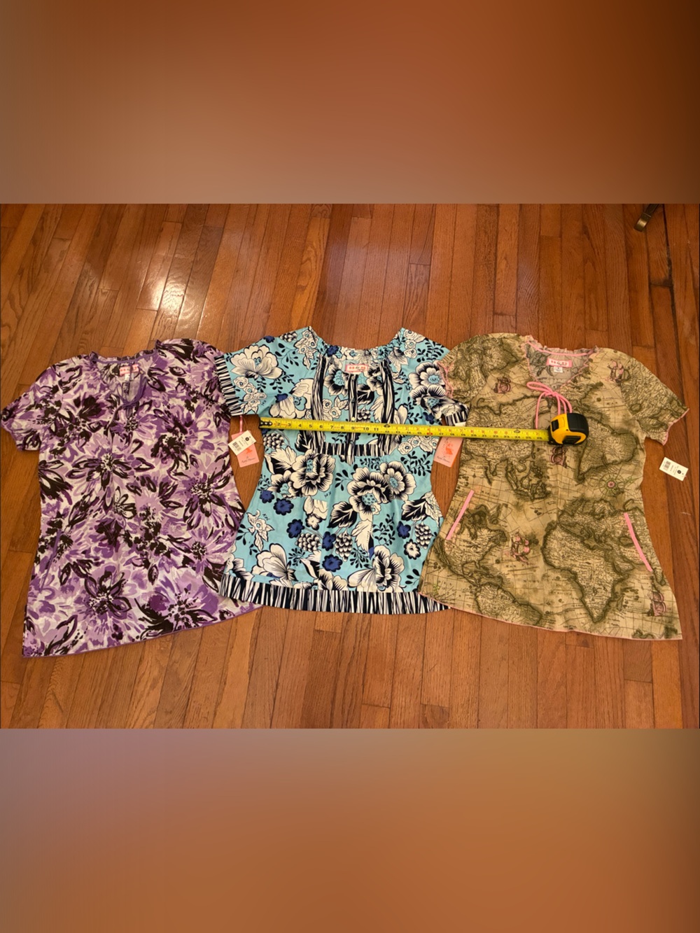 Koi ScrubTops (3) Floral & Map Print Tops - Purple/Aqua/Olive. Fitted. NWT. (S)